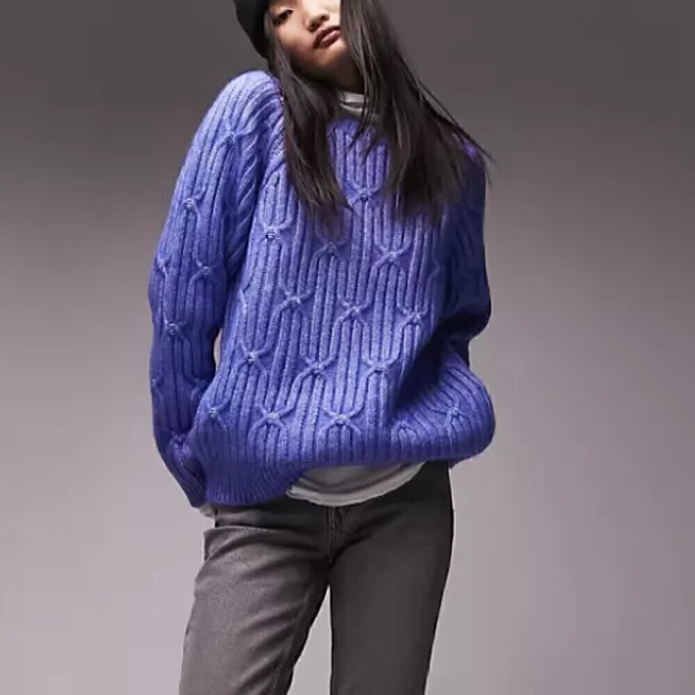 Topshop Knitted Cable Raglan Sweater Size 4-6 in Blue